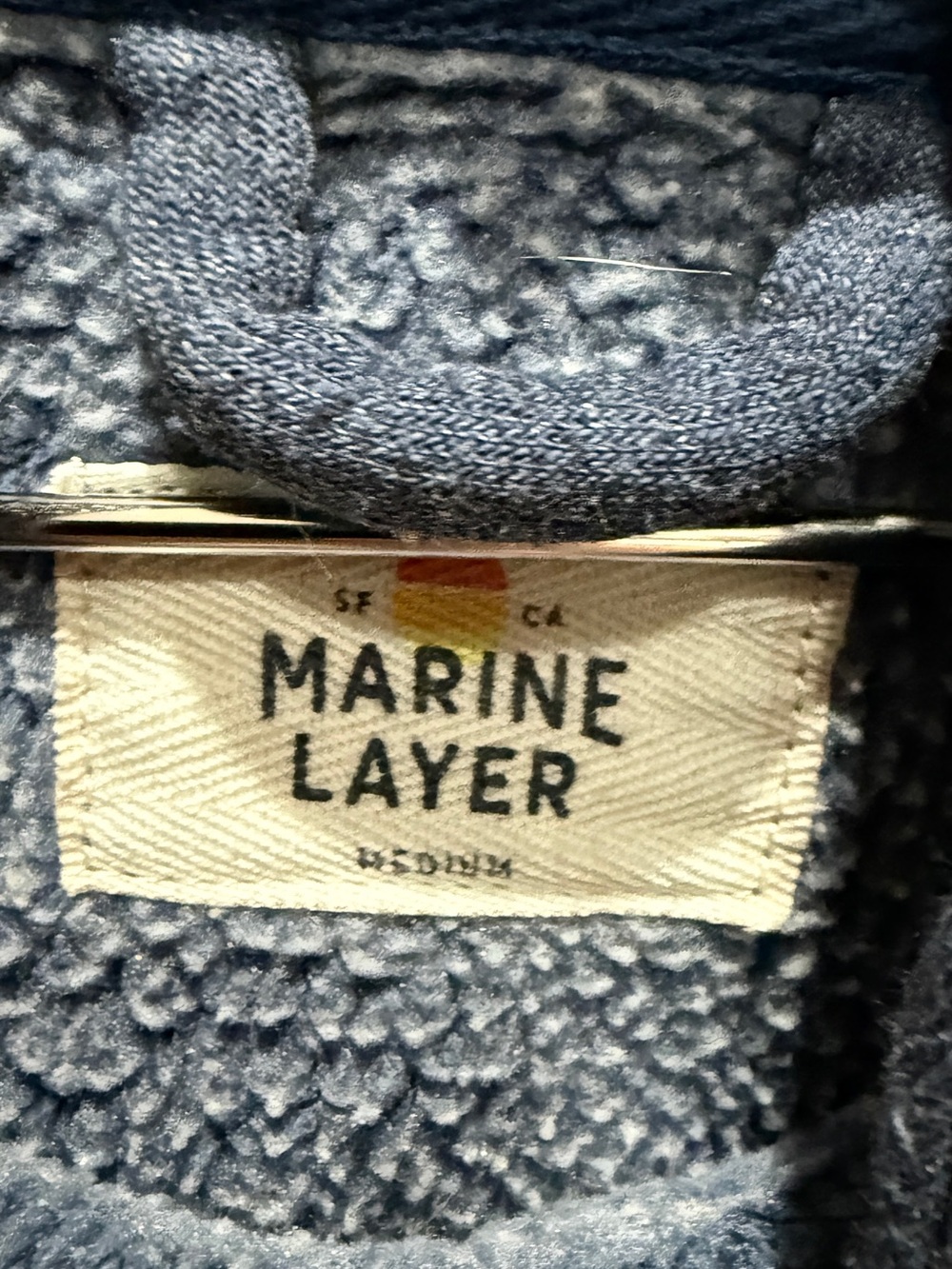 Marine Layer Men's Navy Blue Hooded Pullover with White Drawstrings